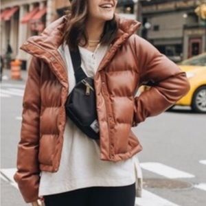 Brown mini leather puffer jacket